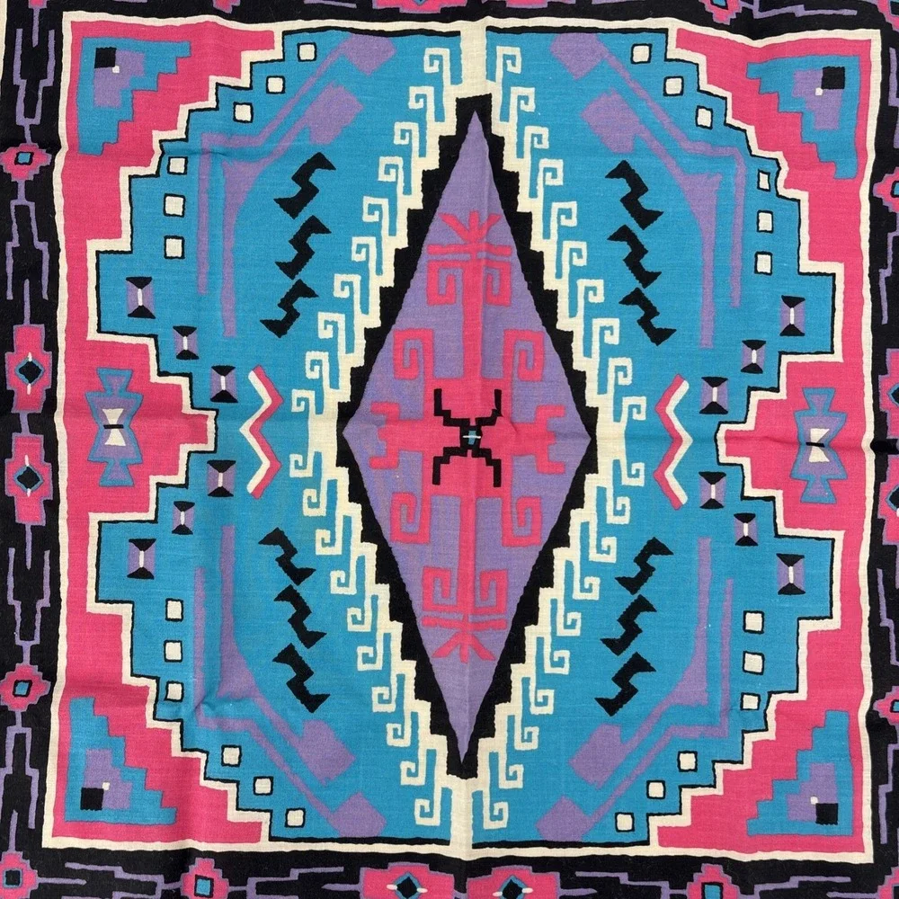 Vtg Southwestern Biker BANDANA Hanky Black Pink Teal Wamcraft Western